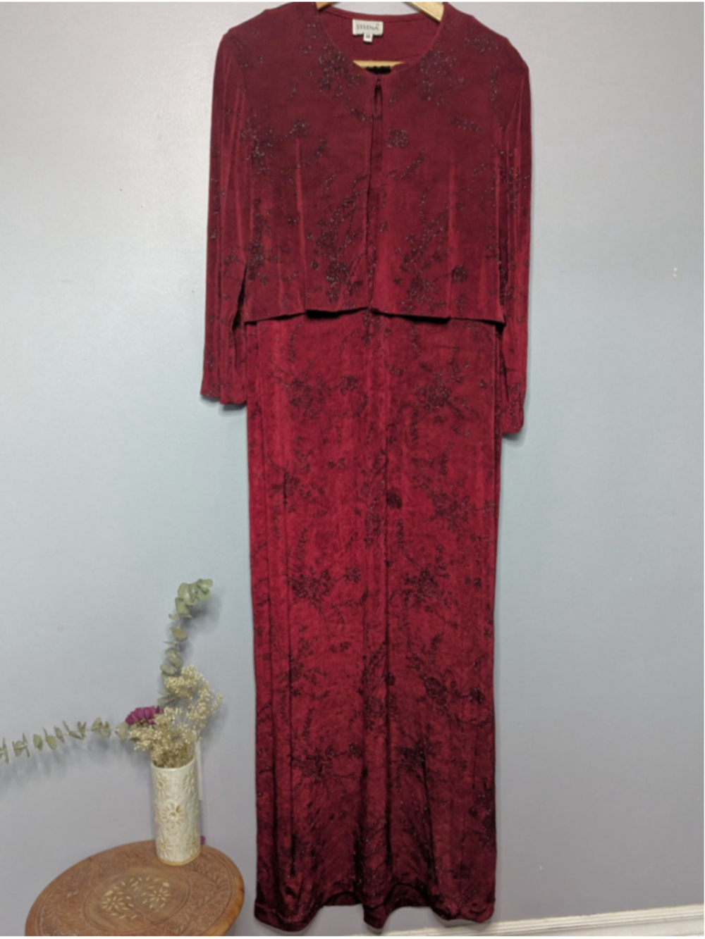 VTG 90s Steena Burgundy Glitter Column Maxi Dress & Cropped Jacket Set Medium
